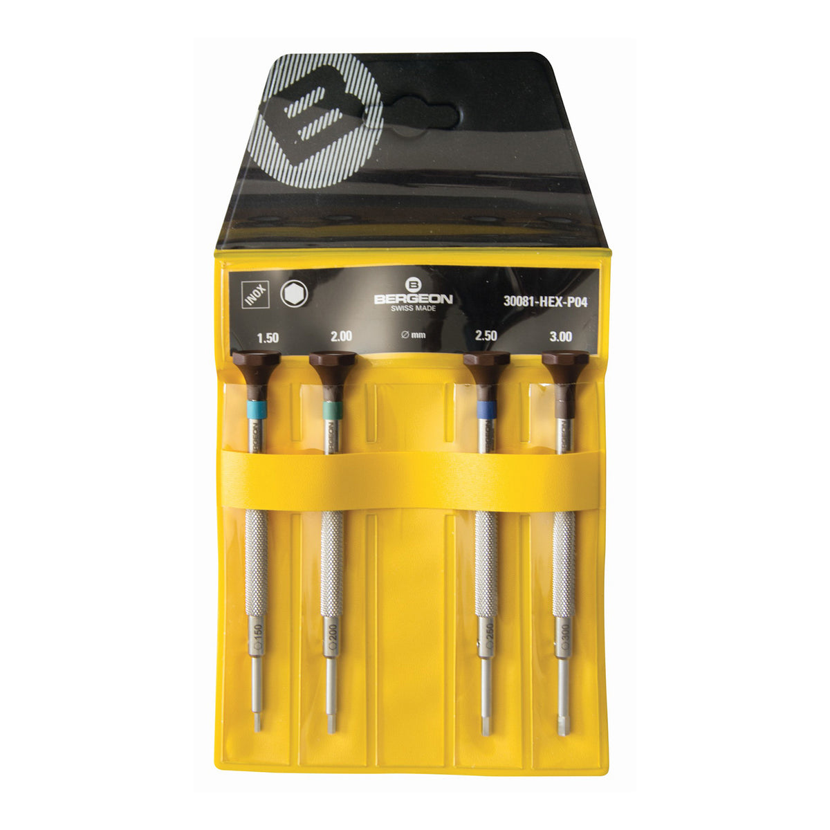 Bergeon Schraubendreher-Satz 30081-HEX-P04, 4 Stück, 1,5 bis 3,0 mm, aus Edelstahl