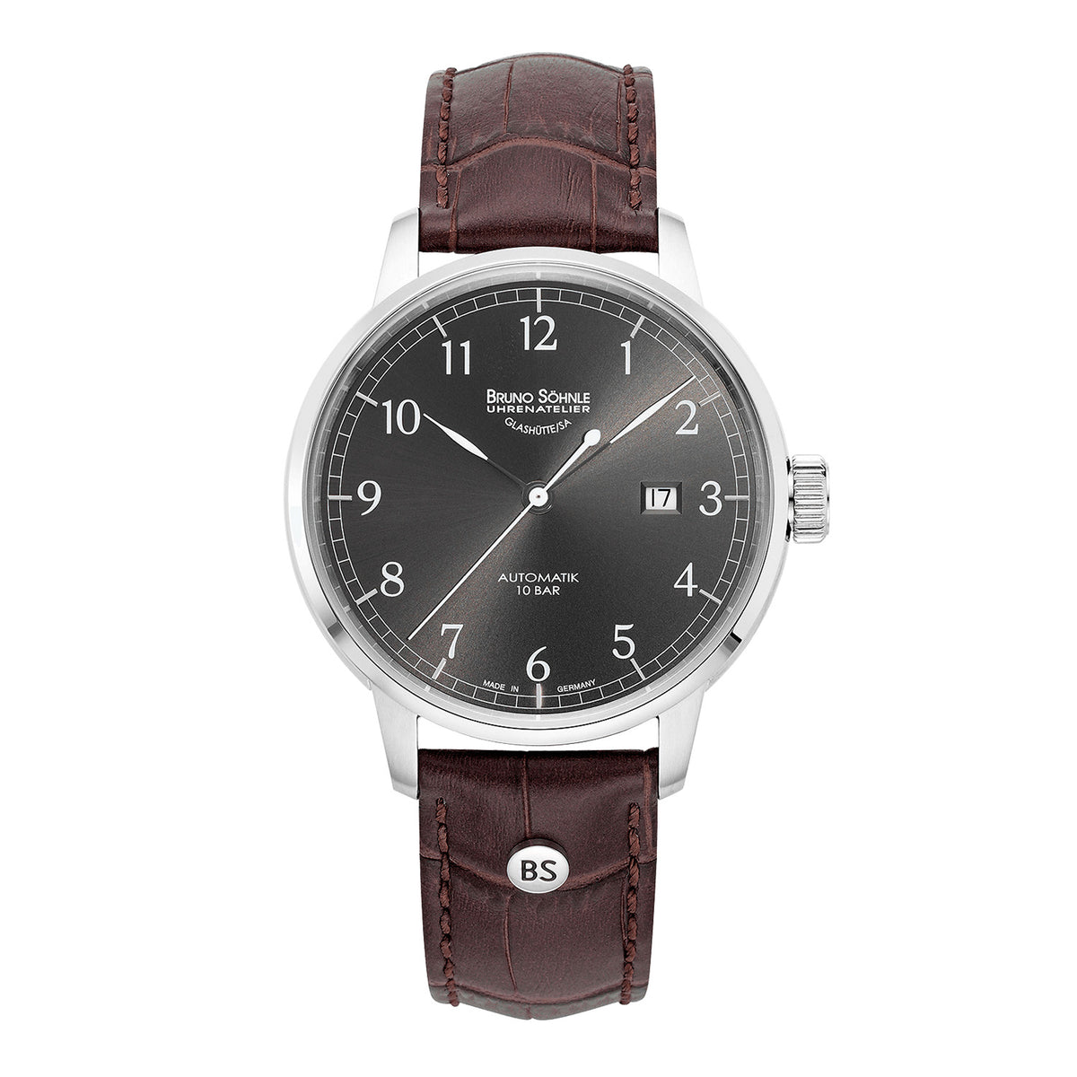 Bruno Söhnle 17-12203-821 Hamburg Automatik Big Herren-Armbanduhr, Atelierkaliber BS175, Edelstahlgehäuse, Saphirglas, Lederarmband, mit Faltschließe, 10 bar