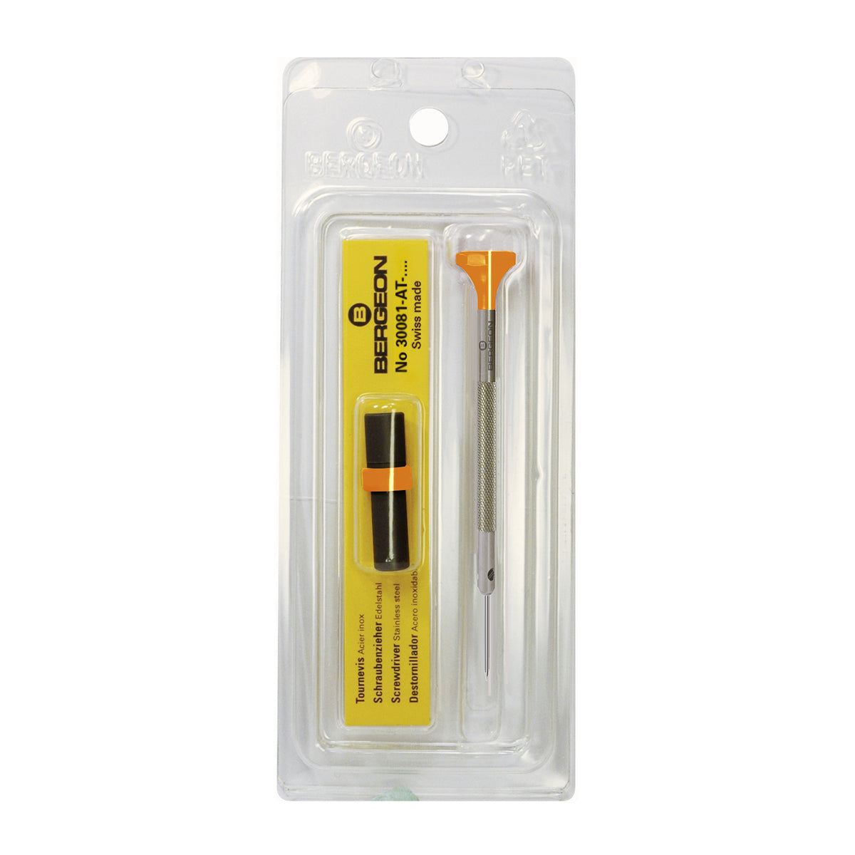 Bergeon Schraubendreher 30081-AT-050, aus Inox, mit Edelstahlklinge, 0,5 mm, mit 2 Ersatzklingen