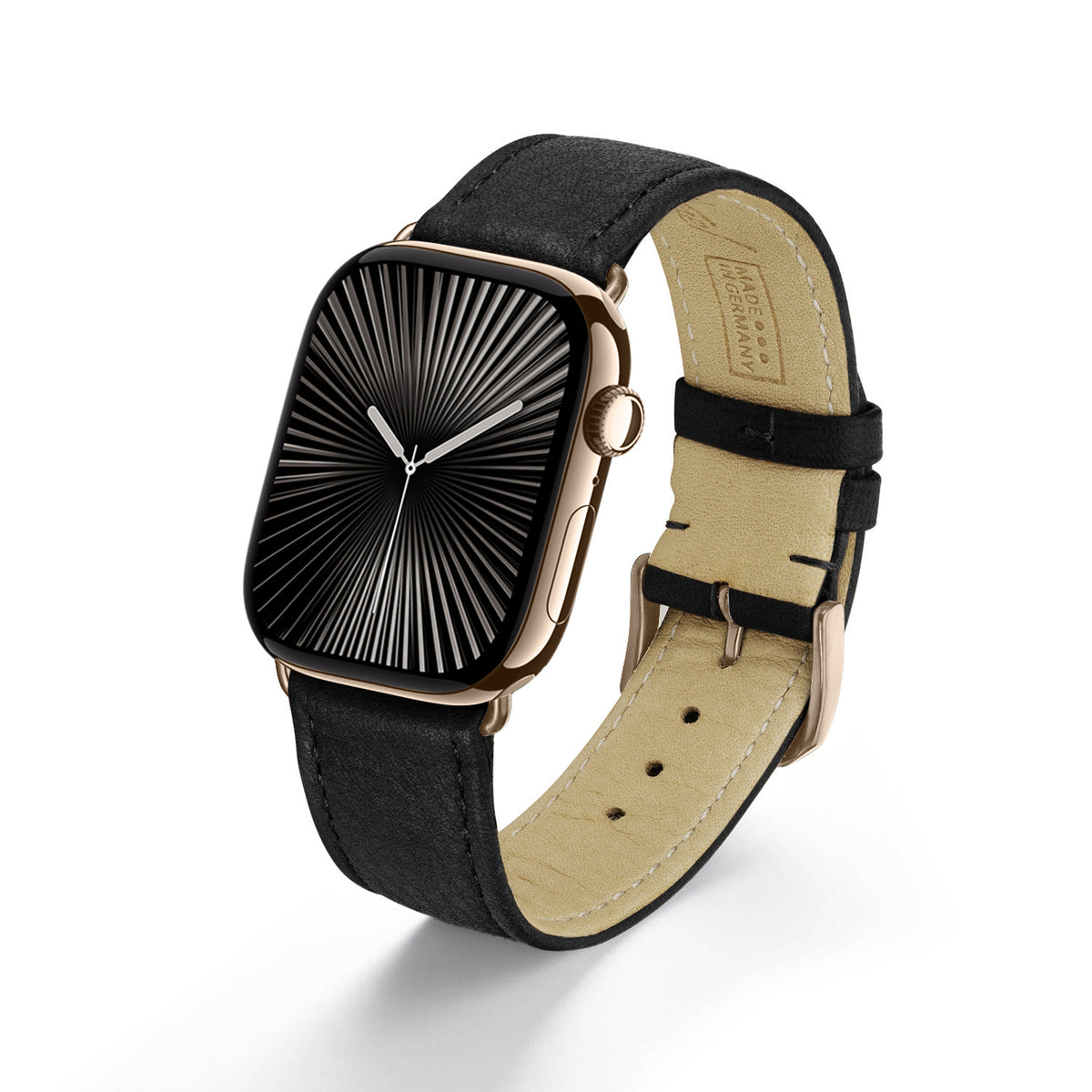 AuroraEco Uhrenarmband aus Bioleder für Apple Watch 10, handgefertigt, Schwarz, von Happel
