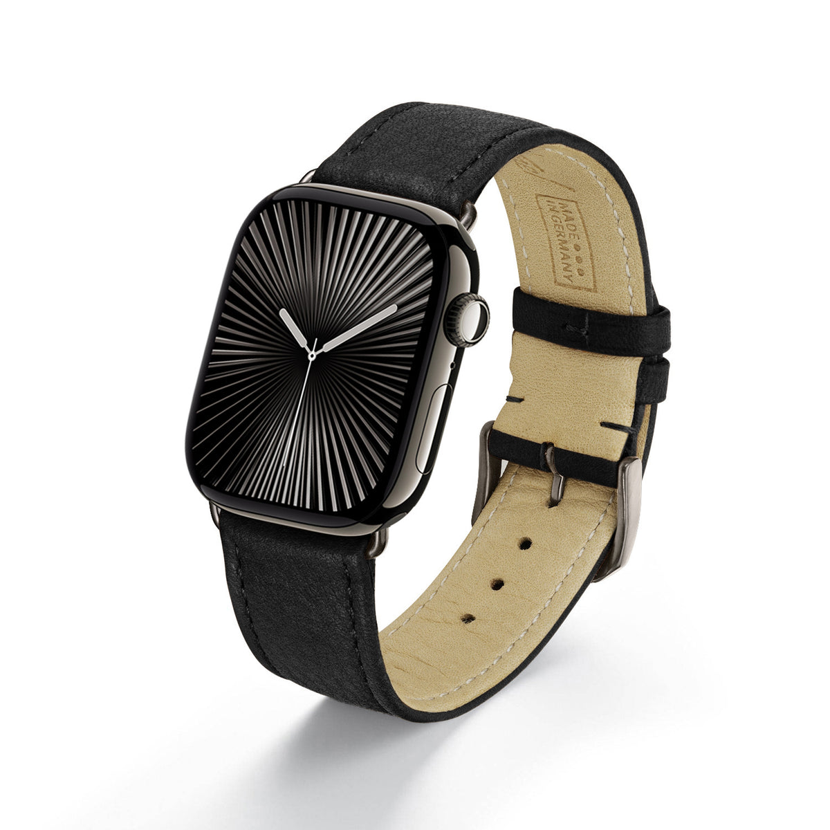 AuroraEco Uhrenarmband aus Bioleder für Apple Watch 10, handgefertigt, Schwarz, von Happel