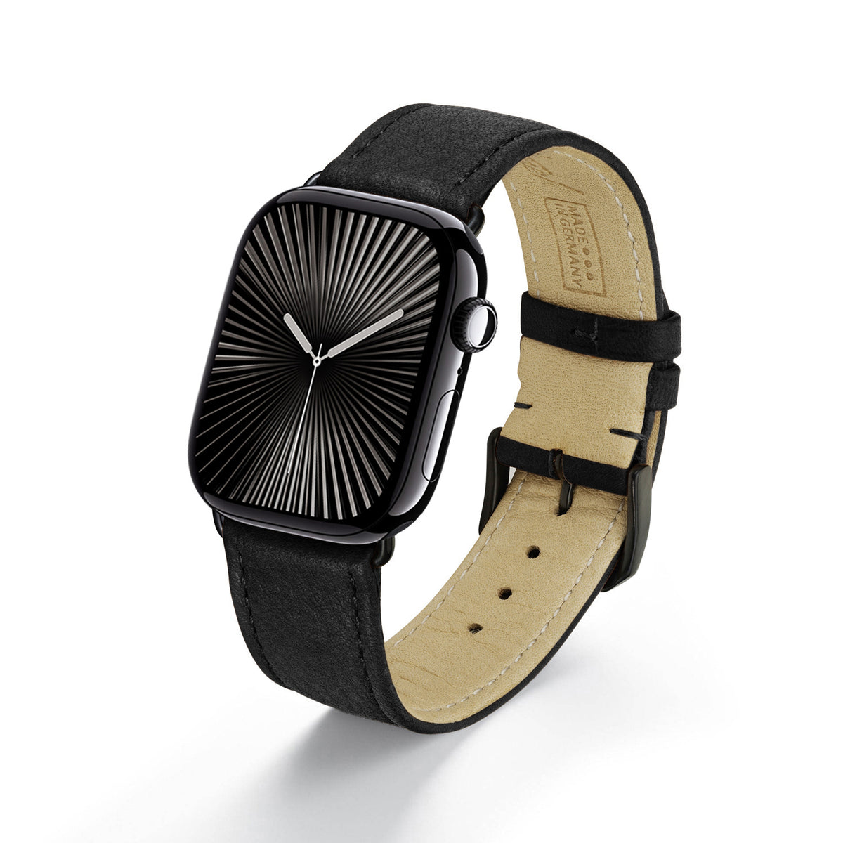 AuroraEco Uhrenarmband aus Bioleder für Apple Watch 10, handgefertigt, Schwarz, von Happel