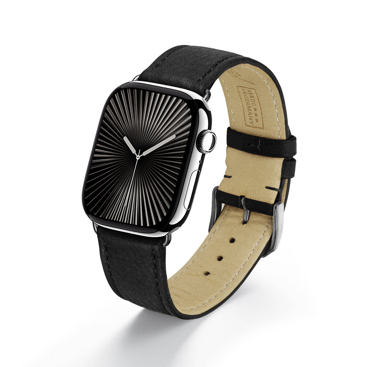AuroraEco Uhrenarmband aus Bioleder für Apple Watch 10, handgefertigt, Schwarz, von Happel
