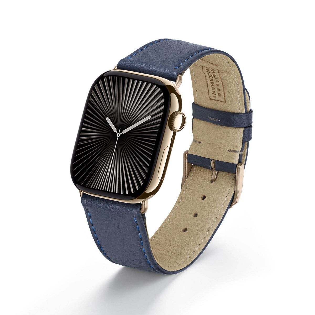 RavennaBlues Uhrenarmband aus Rindsleder für Apple Watch 10, handgefertigt, Ozeanblau, von Happel