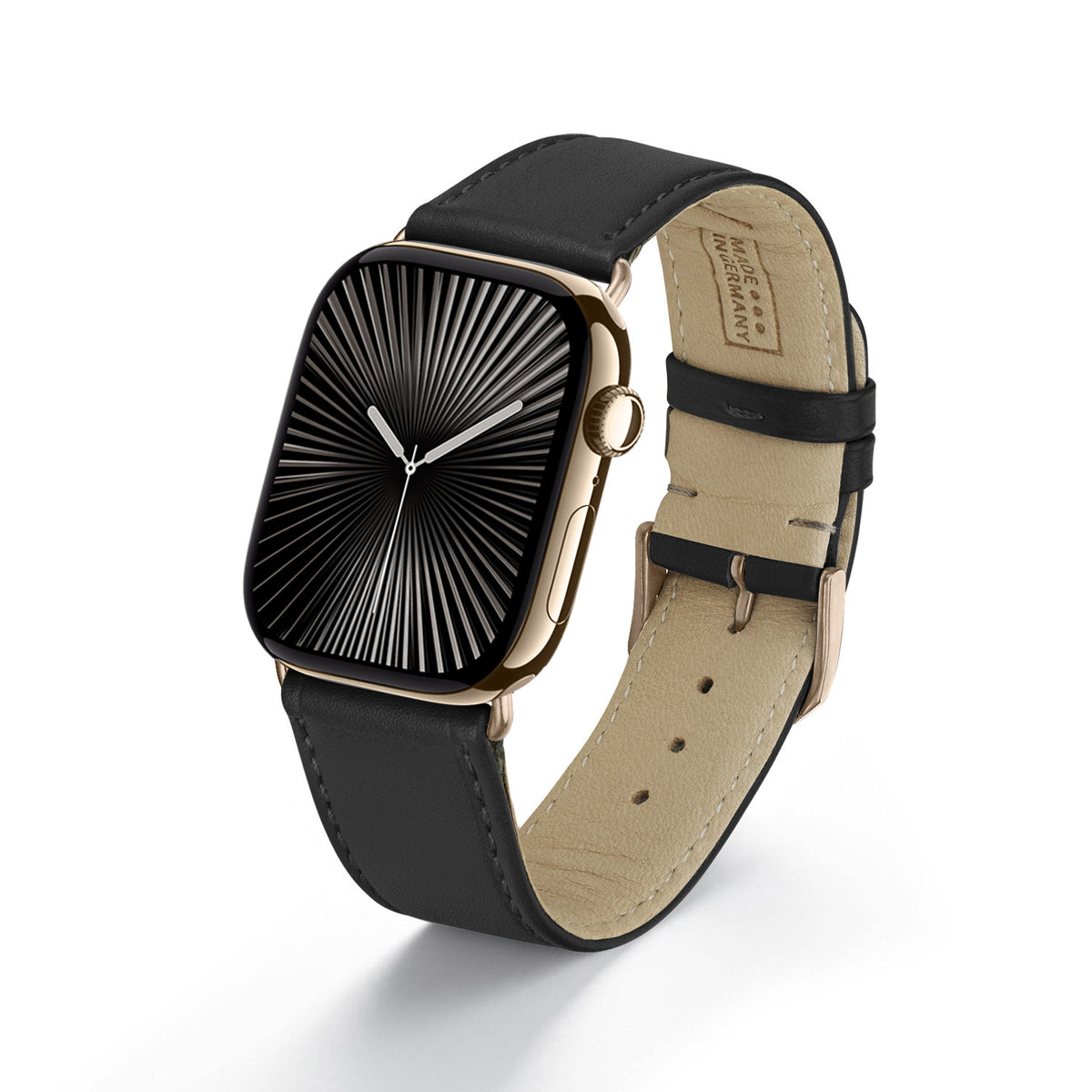 RavennaBlues Uhrenarmband aus Rindsleder für Apple Watch 10, handgefertigt, Schwarz, von Happel