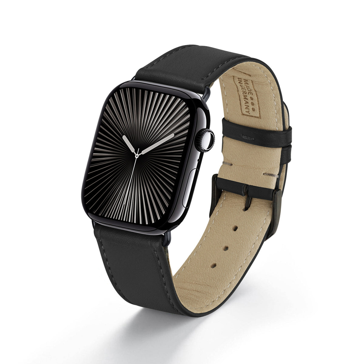 RavennaBlues Uhrenarmband aus Rindsleder für Apple Watch 10, handgefertigt, Schwarz, von Happel