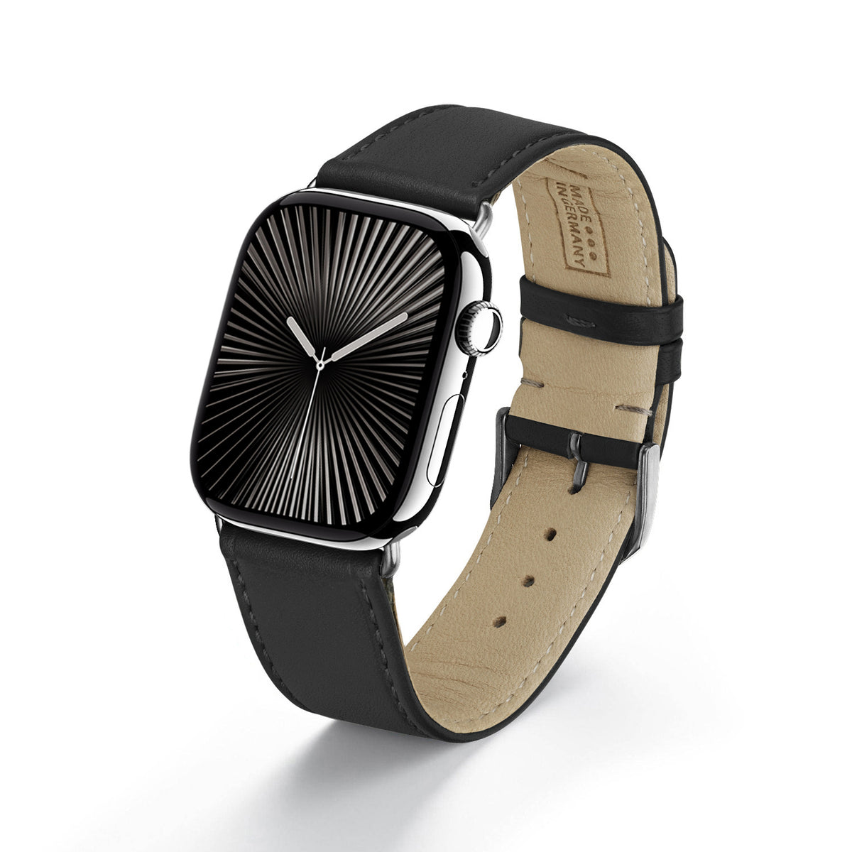 RavennaBlues Uhrenarmband aus Rindsleder für Apple Watch 10, handgefertigt, Schwarz, von Happel