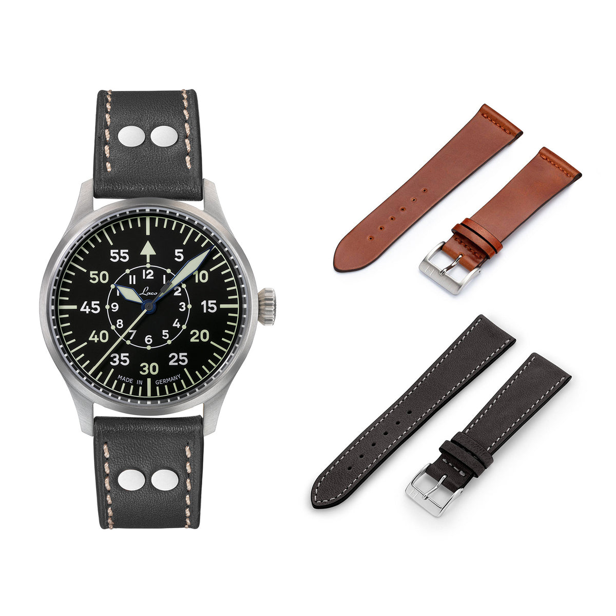 LACO Fliegeruhr KARLSRUHE PRO, Automatik, mit Uhrenarmband HOHELUFT und EPPENDORF – jeweils mit Quick Release Federsteg, wasserdicht bis 20 bar