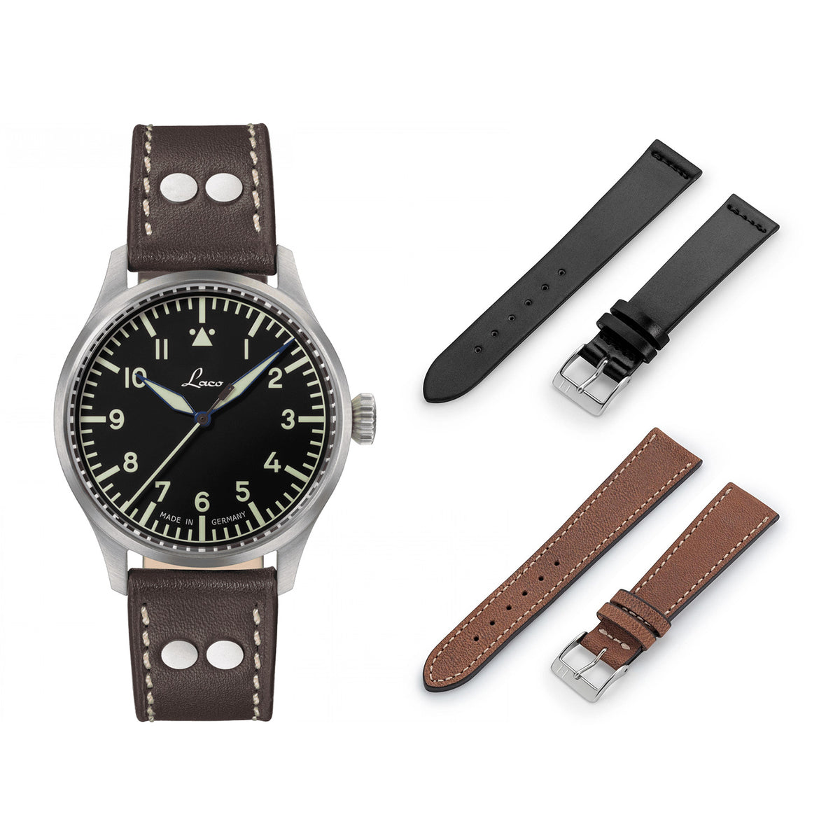 LACO Fliegeruhr STUTTGART PRO, Automatik, mit Uhrenarmband HOHELUFT und EPPENDORF – jeweils mit Quick Release Federsteg, wasserdicht bis 20 bar